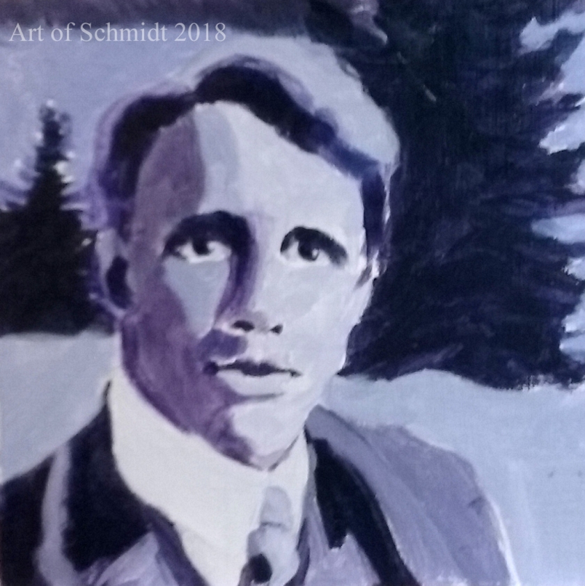 Robert Frost in wooded landscape.